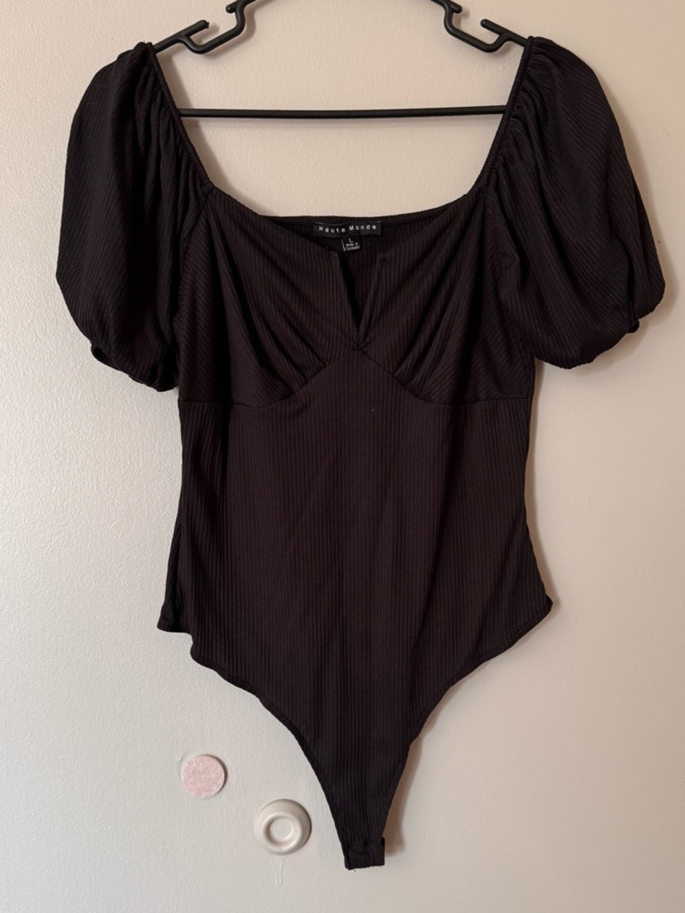 Haute Monde Black Ribbed Top with Tag Detail